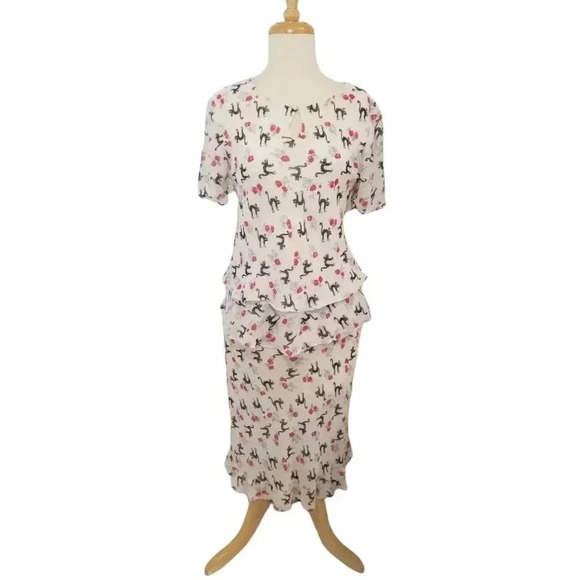 {Chelsea & Violet} 100% Silk Red Roses With Black Cats Print Top and Skirt - Picture 3 of 15